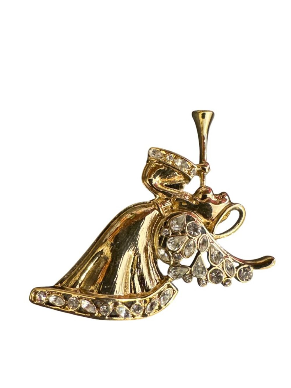 Vintage Napier Gold-Tone Angel Brooch With Clear Rhinestones Trumpet Pin Christm - Picture 4 of 5